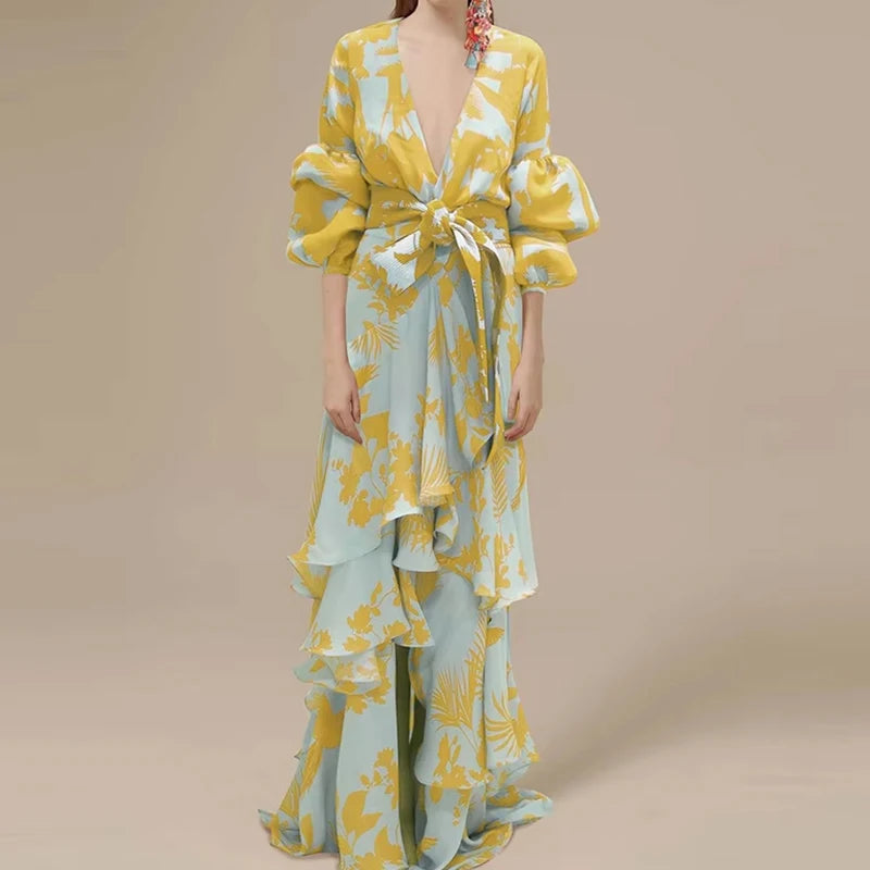 Women's Swing Dress Boho Dress Long Dress Maxi Dress Blue Yellow Light Green Floral Lace up Lantern Sleeve Spring Summer Dress Deep V Irregular Hem Women's Swing Dress Boho Dress Long Dress Maxi Dress Blue Yellow Light Green Floral Lace up Lantern Sleeve Spring Summer Dress Deep V Irregular Hem