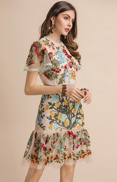 Designer Embroidered Ruche Dress Multi / M Designer Embroidered Ruche Dress Multi / M