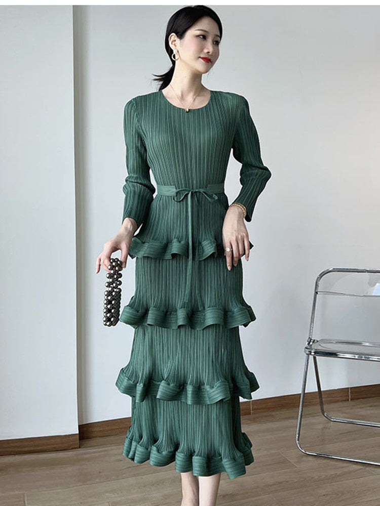 open lace back dress Pleated Sleeveless SUE SARTOR Flounce Mini