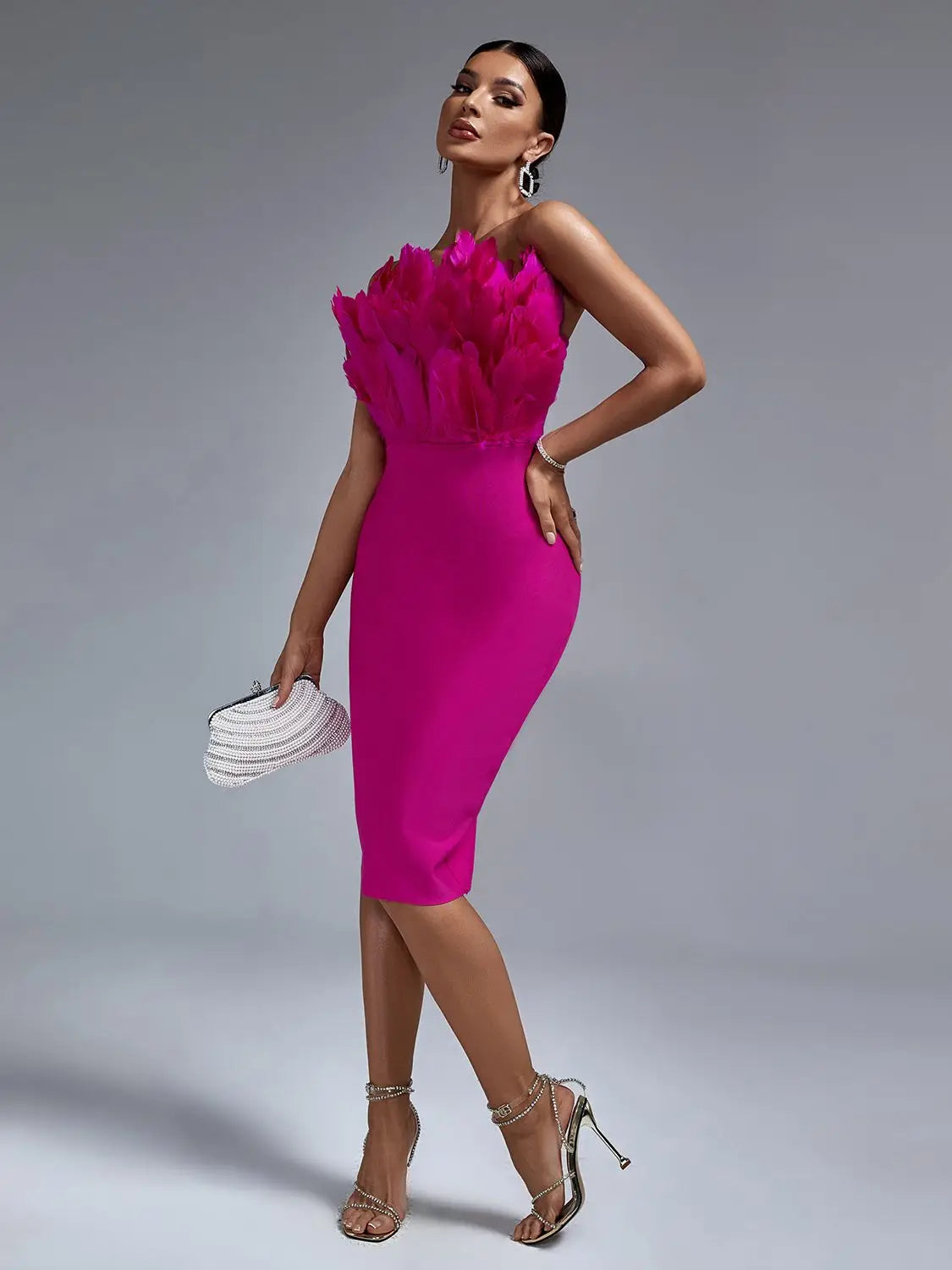 pink feather sleeve dress Hot Pink Feather One Shoulder Tight Fit Homecoming Dress