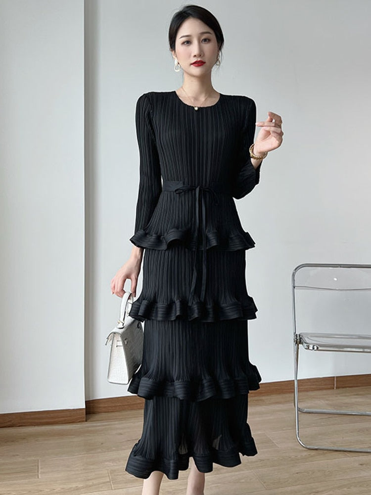 pleated flounce dress Flounce Pleated Dress Orange / One Size