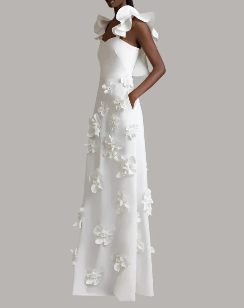 High-grade Stitching Three-dimensional Flower Sling Dress White / L