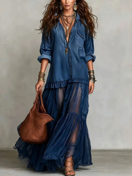 Denim Mesh Maxi Dress
