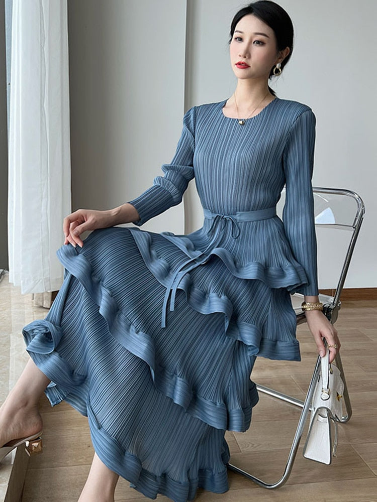 Flounce Pleated Dress Blue / One Size