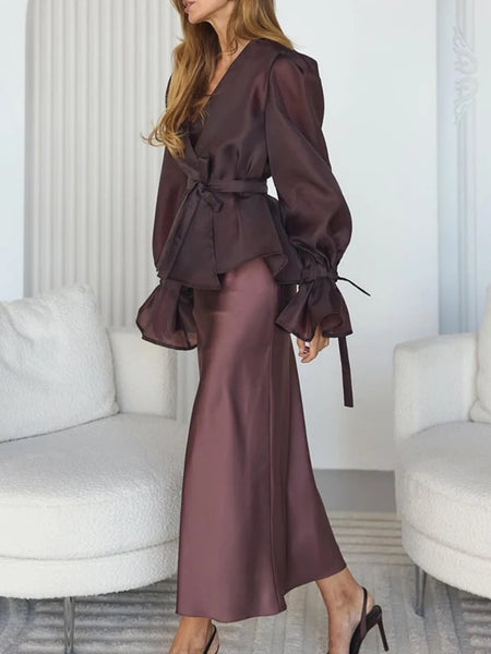Chiffon Shirt Satin Skirt Suit