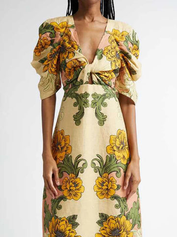 V Neck Puff Sleeve Dress