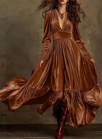 Retro Pleated Velvet Dress