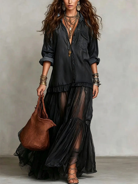 Denim Mesh Maxi Dress