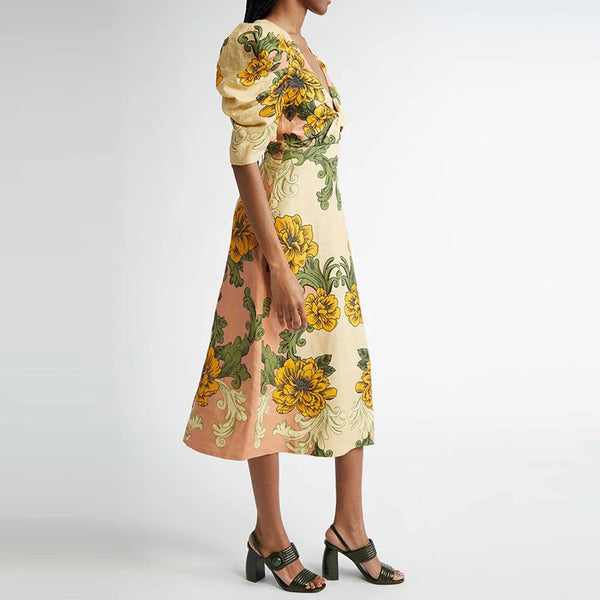V Neck Puff Sleeve Dress