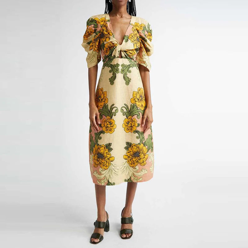 V Neck Puff Sleeve Dress