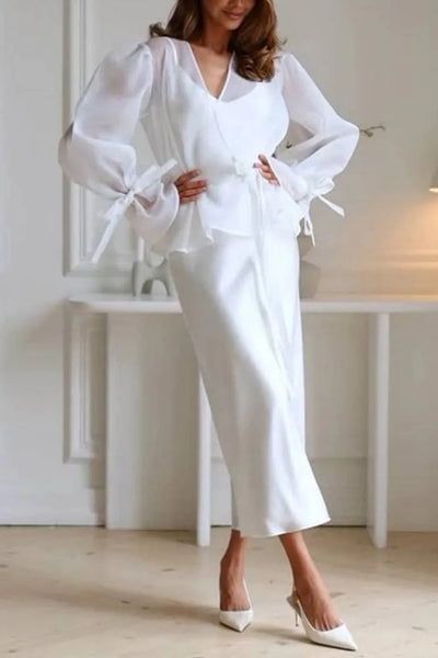 Chiffon Shirt Satin Skirt Suit