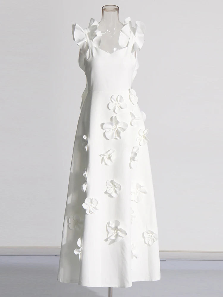High-grade Stitching Three-dimensional Flower Sling Dress White / L