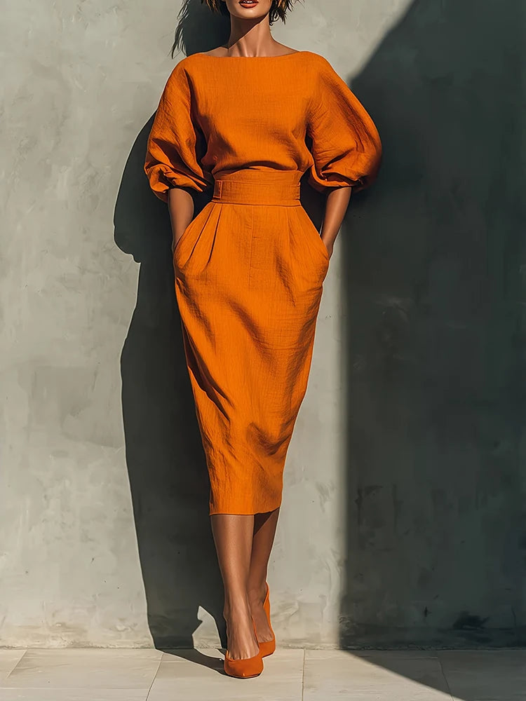 Elegant Puff Sleeve High-Waisted Pocket Midi Dress Orange / S