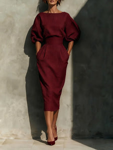 dress with hip pleats Noelle Twist Front Pleated Midi Dress