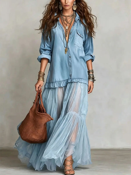Denim Mesh Maxi Dress