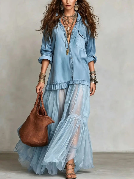 Denim Mesh Maxi Dress