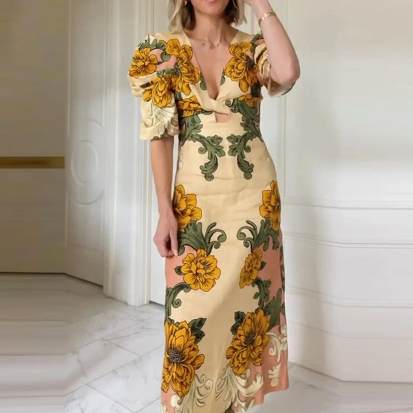 V Neck Puff Sleeve Dress
