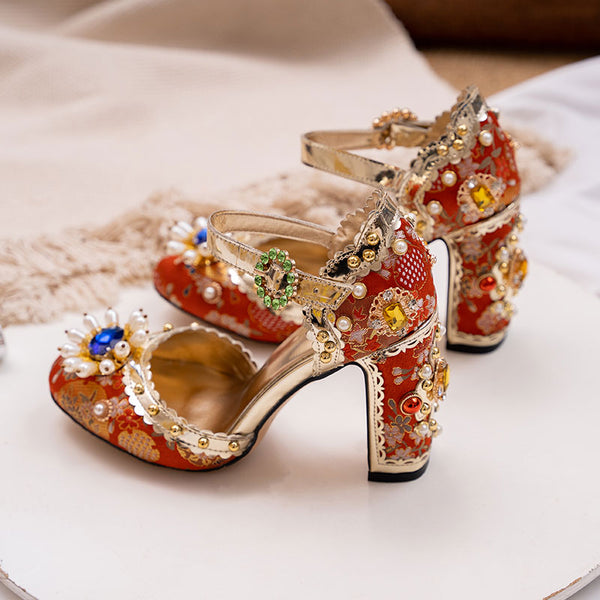Embroidered Luxurious Retro Heels
